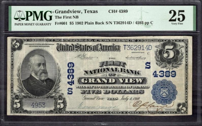 1902 $5 Grandview TX National PMG 25