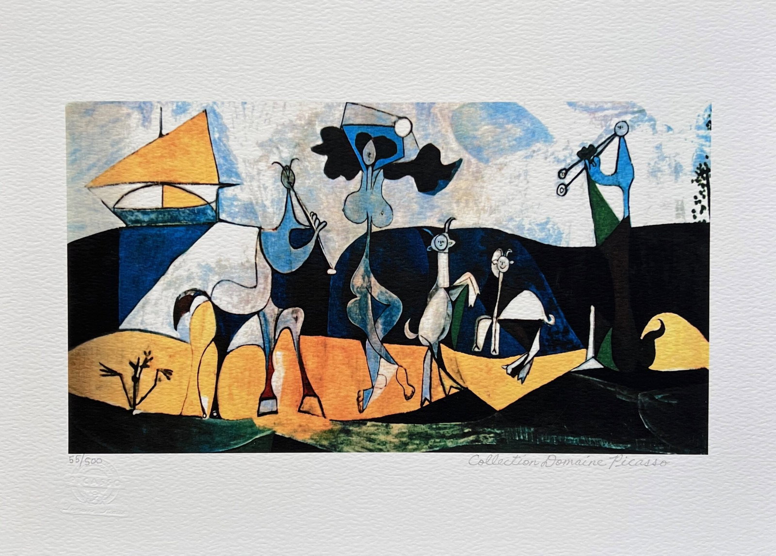 Pablo Picasso JOY OF LIVING Estate Signed Limited Edition Giclee: This is a PABLO PICASSO (ESTATE COLLECTION DOMAINE) (1881-1973) giclee titled THE JOY OF LIVING. This piece is pencil signed on the lower right as Collection Domaine Picasso and has an embossed seal s