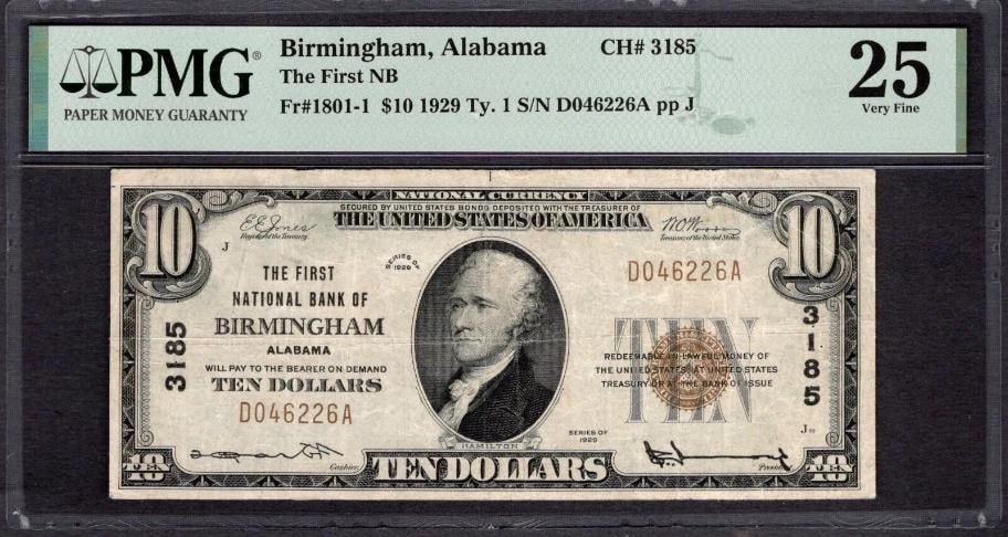 1929 $10 Birmingham AL National PMG 25
