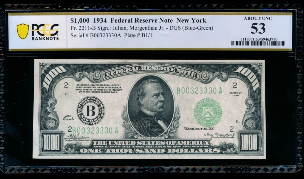 1934 $1000 New York FRN PCGS 53