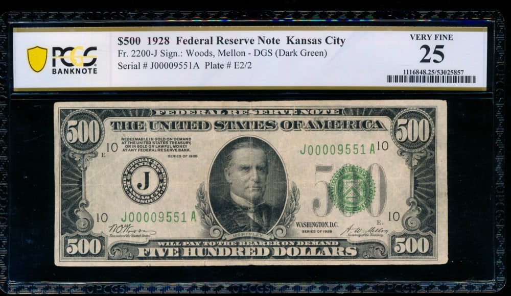1928 $500 Kansas City FRN PCGS 25