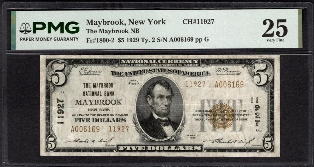 1929 $5 Maybrook NY National PMG 25