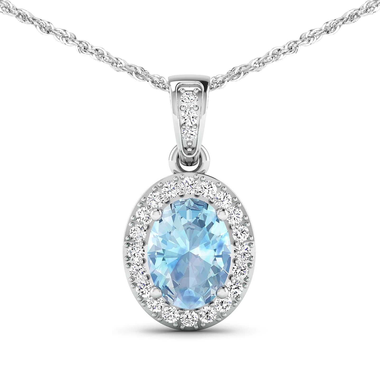 14KT White Gold 0.96ct Aquamarine and Diamond Pendant with Chain