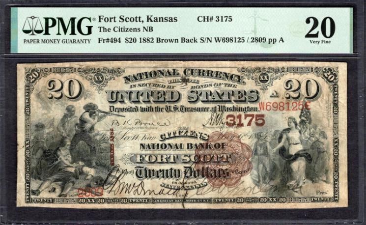 1882 $20 Fort Scott KS National PMG 20