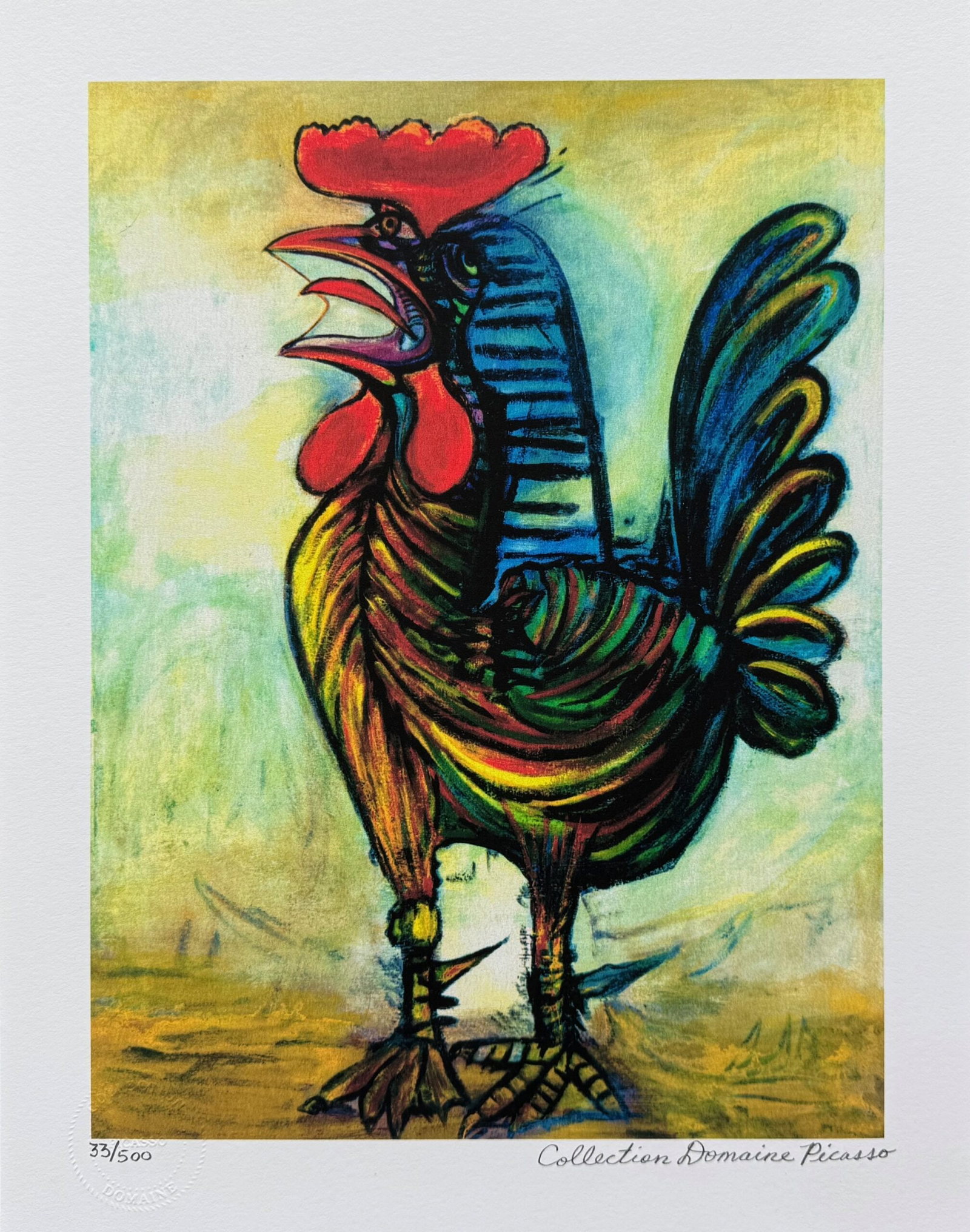 Pablo Picasso THE ROOSTER Estate Signed Limited Edition Giclee: This is a PABLO PICASSO (ESTATE COLLECTION DOMAINE) (1881-1973) small giclee titled THE ROOSTER. This piece is pencil signed on the lower right as Collection Domaine Picasso and has an embossed seal s