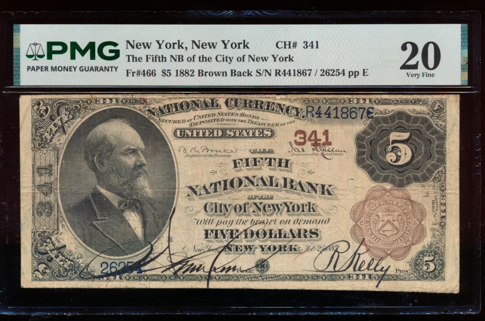1882 $5 New York NY National PMG 20
