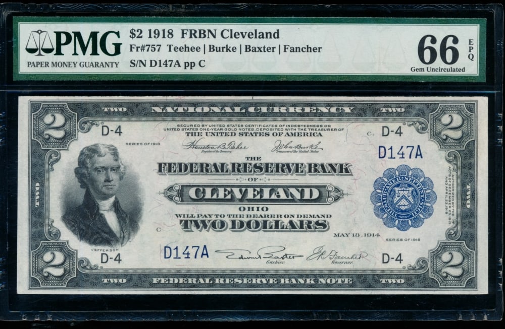 1918 $2 Cleveland FRBN PMG 66EPQ