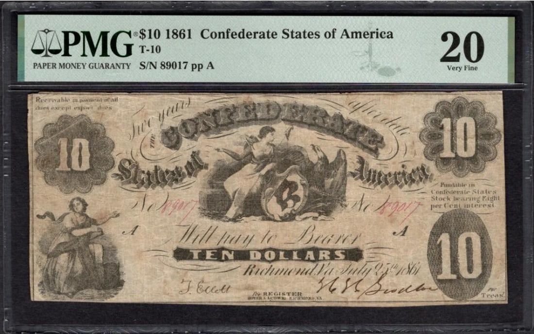 1861 $10 T-10 Confederate PMG 20