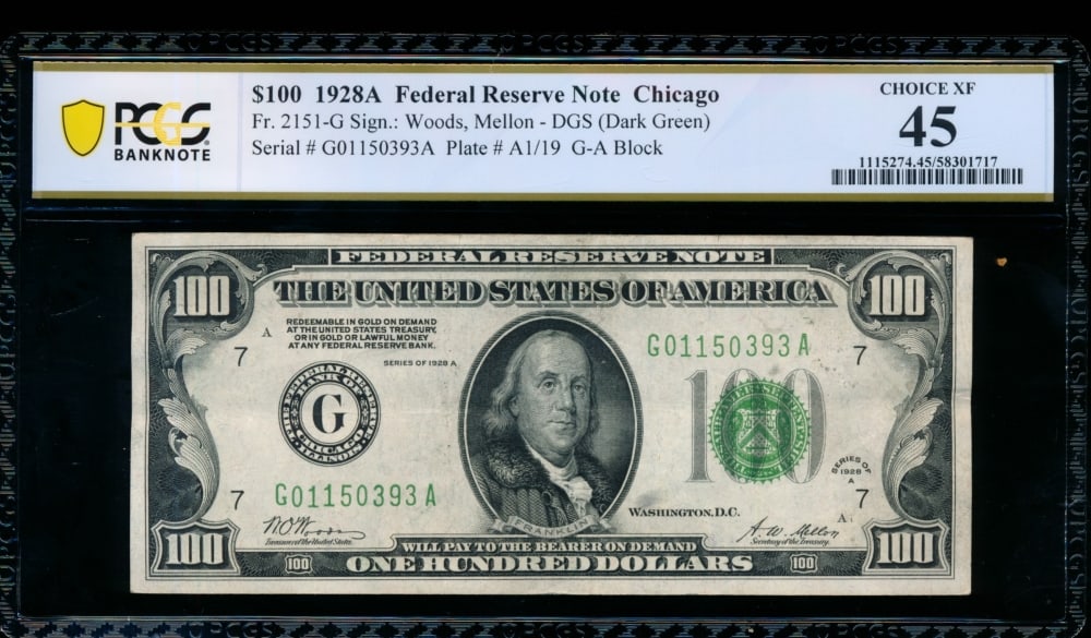1928A $100 Chicago FRN PCGS 45