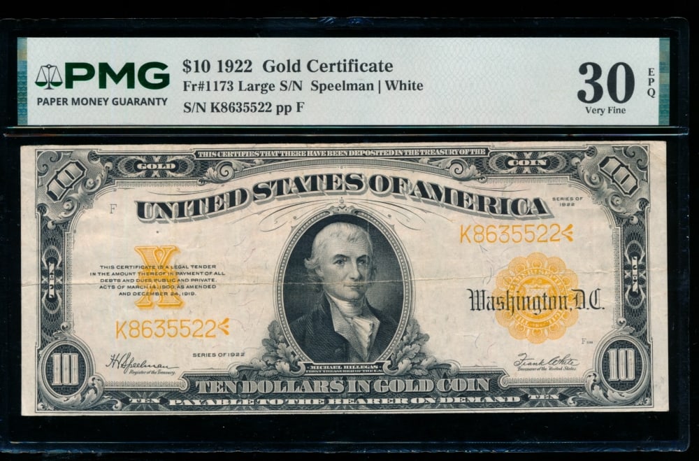 1922 $10 Gold Certificate PMG 30EPQ
