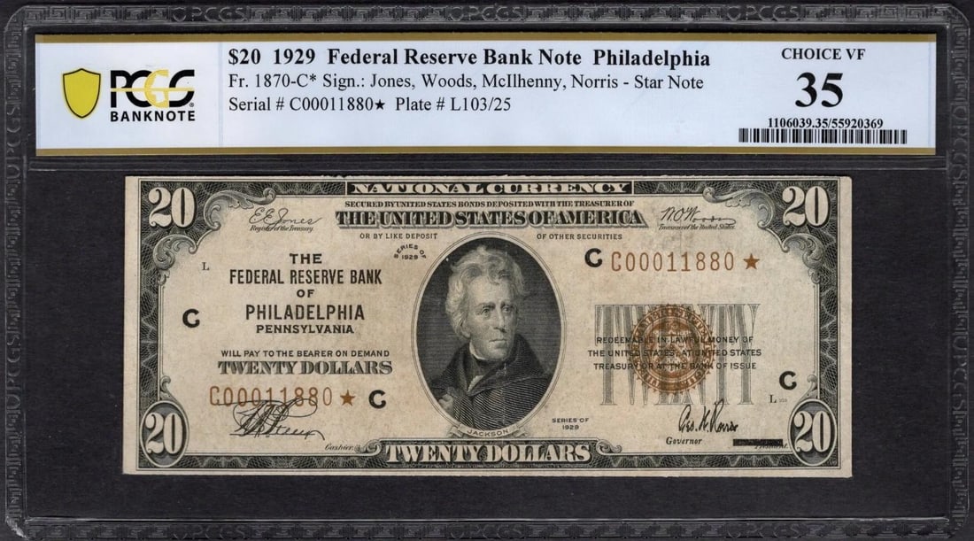 1929 $20 STAR Philadelphia FRBN PCGS 35