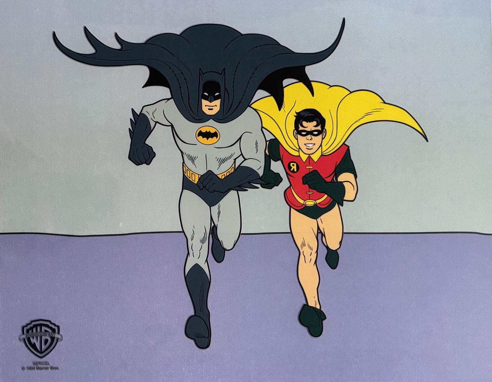 Warner Bros BATMAN & ROBIN Sericel Limited Edition Animation Art Cel: This is a limited edition sericel titled Batman and Robin. This limited edition animation features Batman and Robin as they appeared the original classic animation. This Cel measures 11 inches x 14 in
