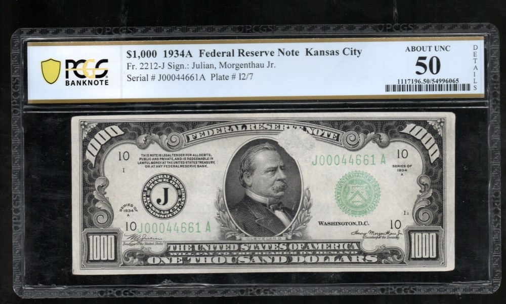 1934A $1000 Kansas City FRN PCGS 50