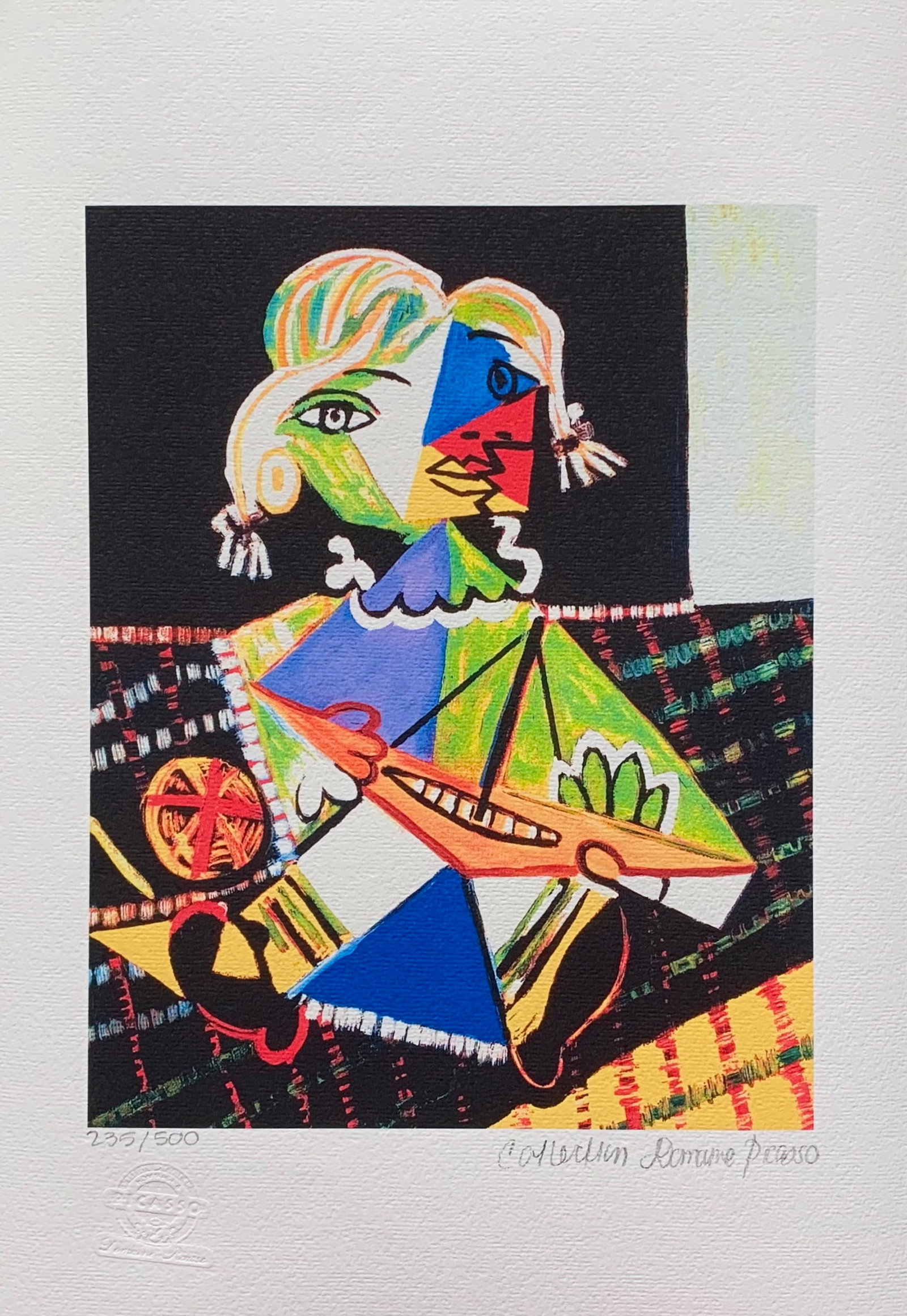 Pablo Picasso MAYA WITH BOAT Estate Signed Limited Edition Giclee: This is a PABLO PICASSO (ESTATE COLLECTION DOMAINE) (1881-1973) small giclee titled Maya with Boat. This piece is pencil signed on the lower right as Collection Domaine Picasso and has an embossed sea