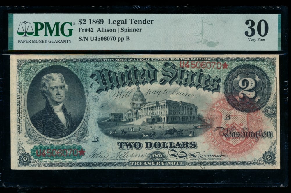 1869 $2 Legal Tender Note PMG 30