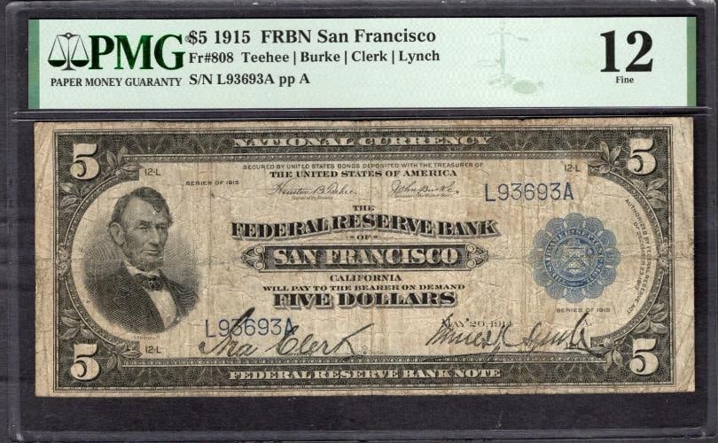 1915 $5 San Francisco FRBN PMG 12