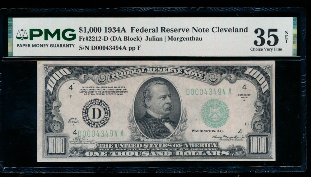 1934A $1000 Cleveland FRN PMG 35NET