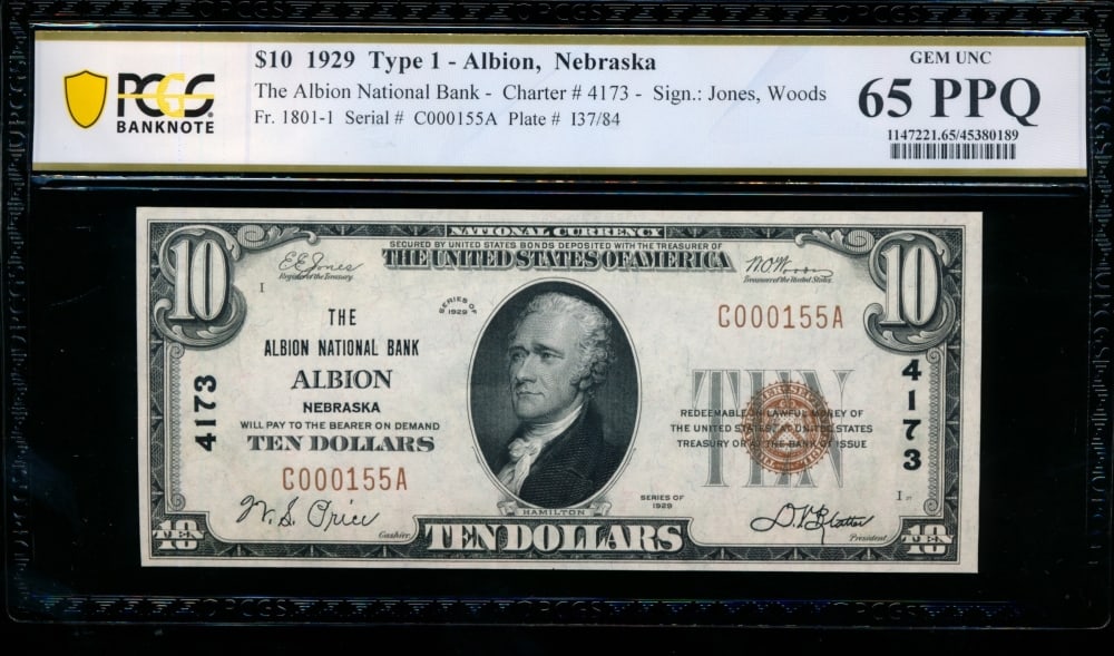 1929 $10 Albion NE National PCGS 65PPQ (1 of 2)