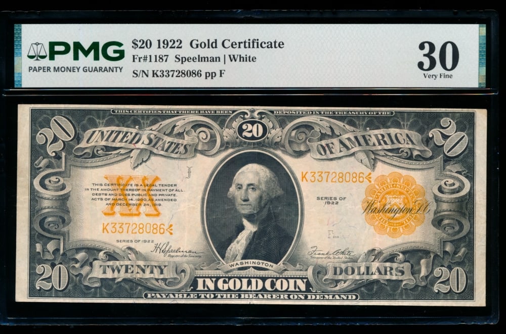1922 $20 Gold Certificate PMG 30