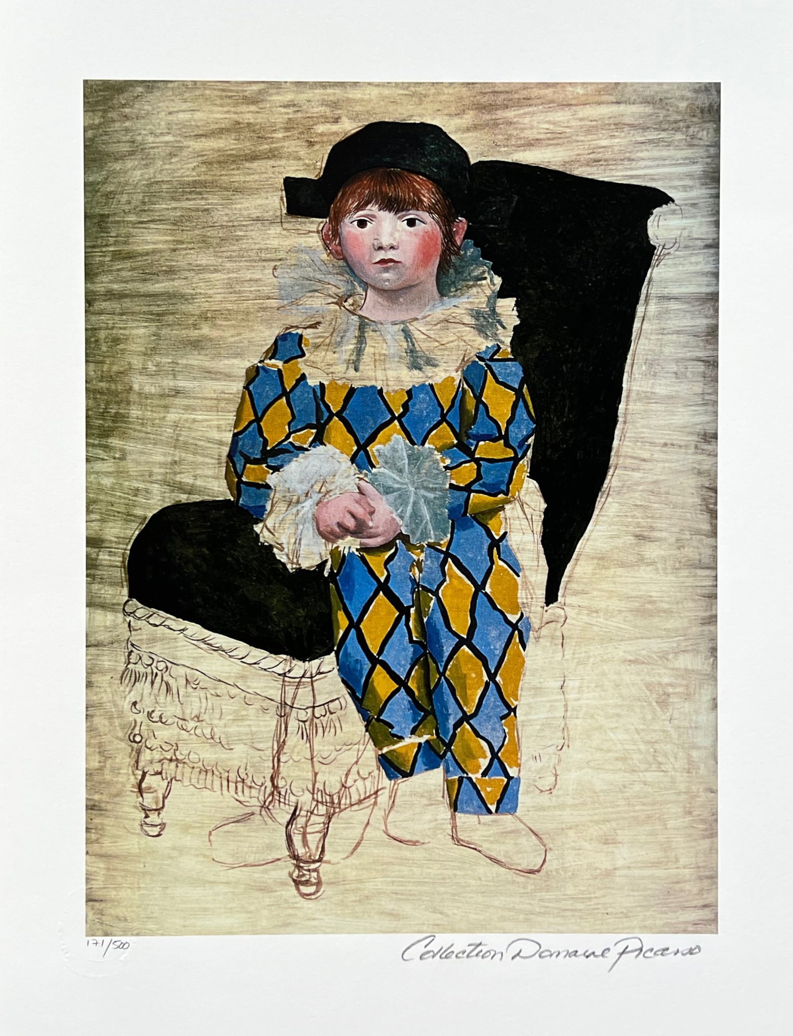 Pablo Picasso PAUL AS A HARLEQUIN Estate Signed Limited Edition Giclee: This is a PABLO PICASSO (ESTATE COLLECTION DOMAINE) (1881-1973) small giclee titled PAUL AS A HARLEQUIN. This piece is pencil signed on the lower right as Collection Domaine Picasso and has an embosse