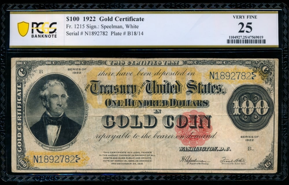 1922 $100 Gold Certificate PCGS 25