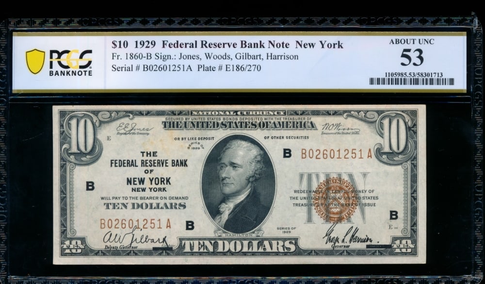 1929 $10 New York FRBN PCGS 53