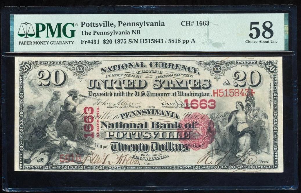 1875 $20 Pottsville PA National PMG 58EPQ