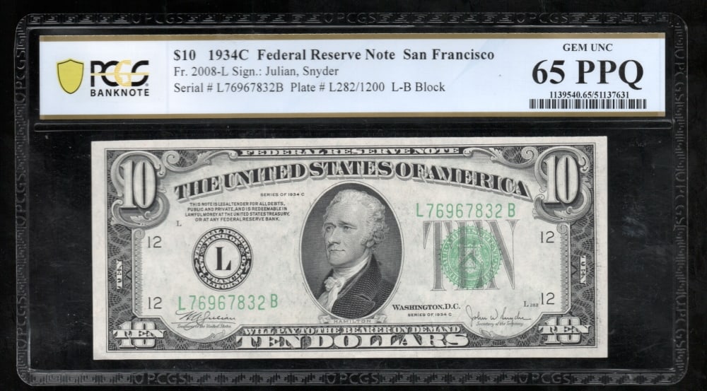 1934C $10 San Francisco FRN PCGS 65PPQ