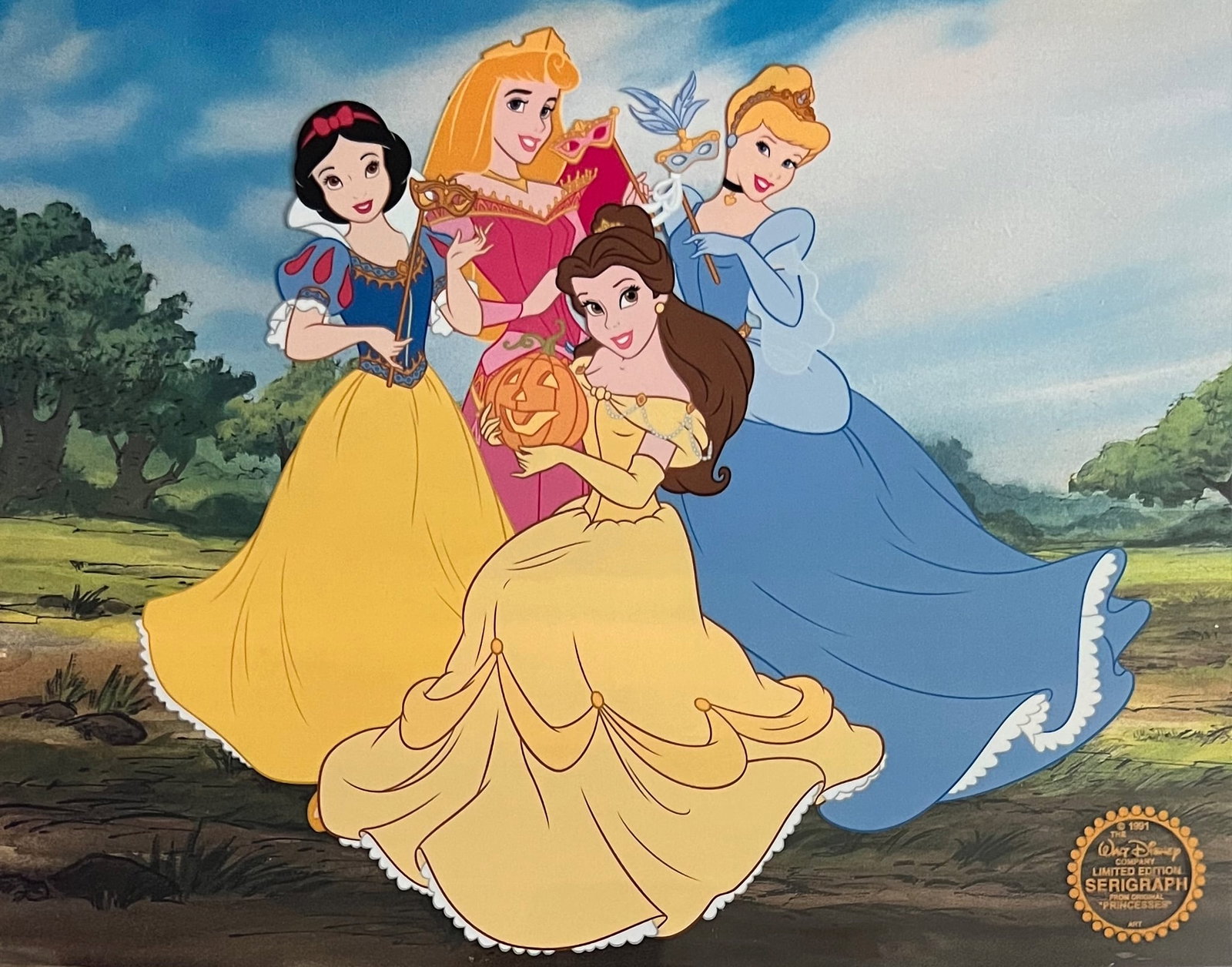DISNEY Princess Cinderella Belle Snow White Aurora Sericel: This is a limited edition serigraph cel of Disney Princesses Cinderella, Belle, Snow White and Aurora celebrating Halloween. Disney?s own artists have selected this scene from the original animation d