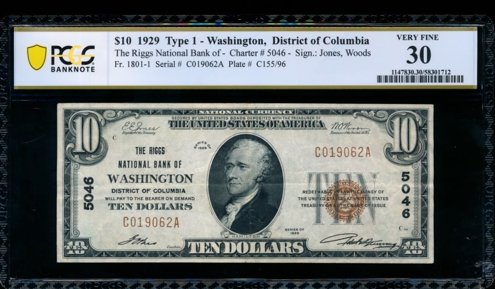 1929 $10 Washington DC National PCGS 30