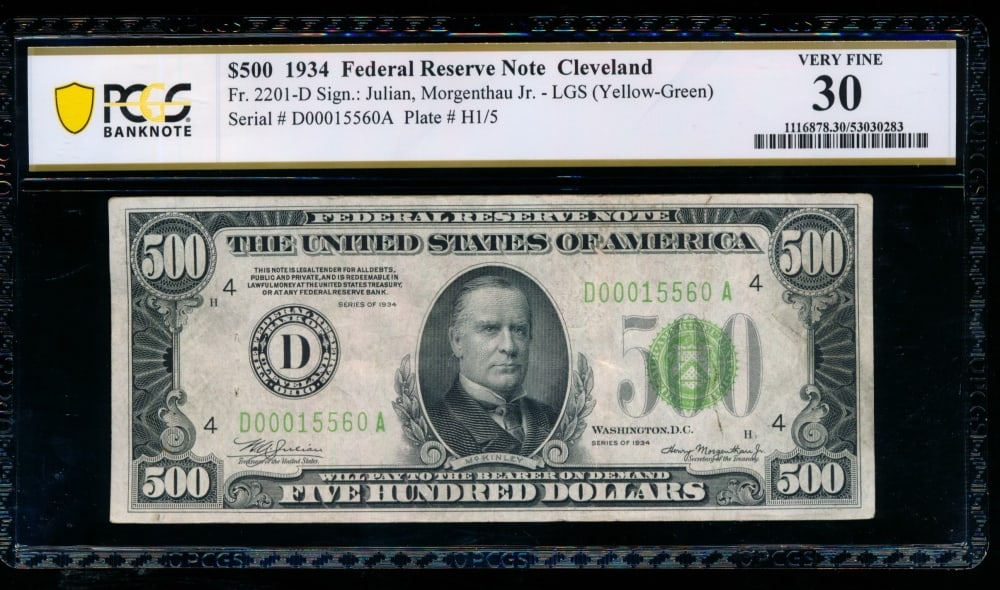 1934 $500 Cleveland FRN PCGS 30