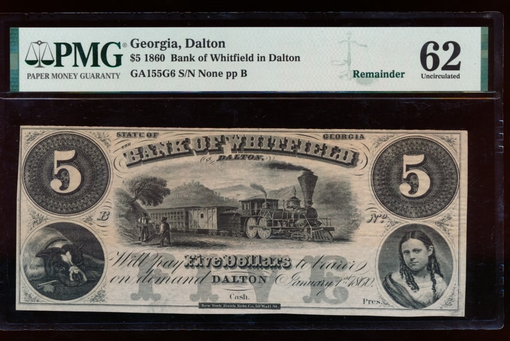 1860 $5 Dalton GA Obsolete Note PMG 62 (1 of 2)