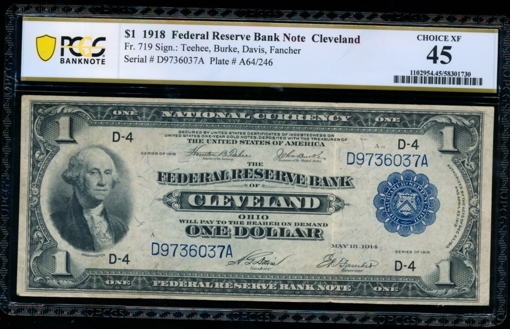 1918 $1 Cleveland FRBN PCGS 45