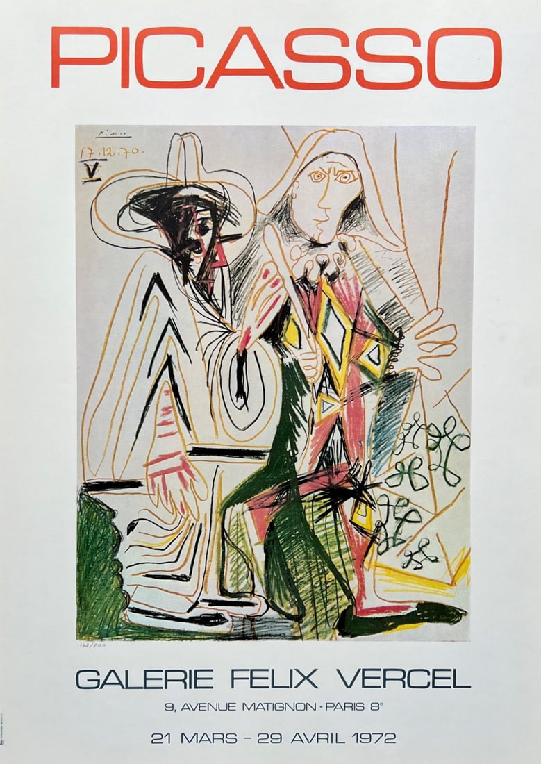 Pablo Picasso GALERIE FELIX VERCEL 1972 Plate Signed Limited Edition Lithograph: This is a 1972 Pablo Picasso lithograph titled GALERIE FELIX VERCEL. This subject is signed in the plate which means that it has a copy of Picasso?s signature on it. Pencil numbered from a limited edi