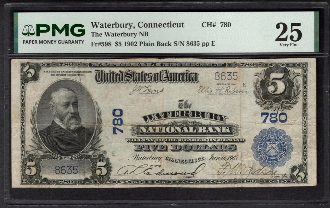 1902 $5 Waterbury CT National PMG 25: One 1902 $5 Waterbury CT National PMG 25.