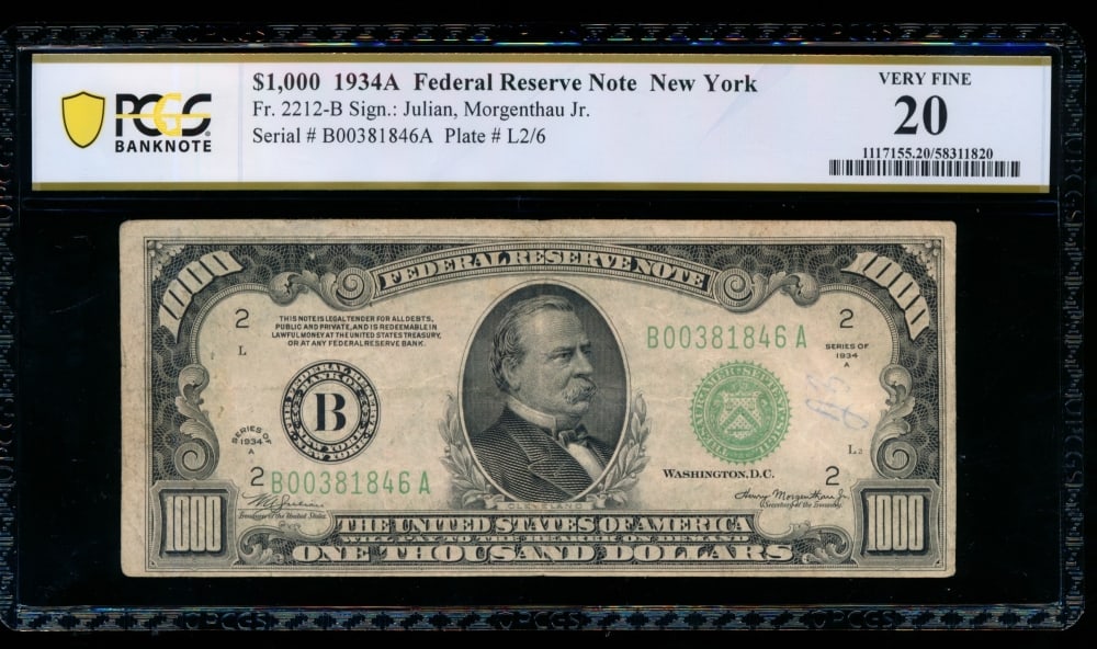1934 $1000 New York FRN PCGS 20