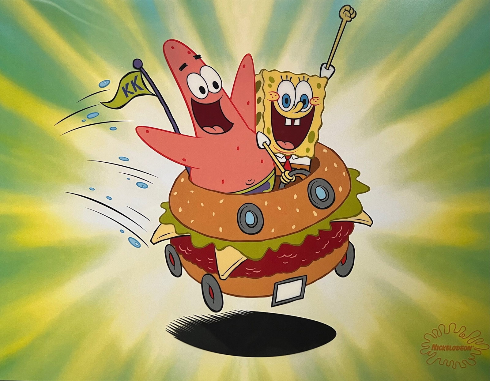 Nickelodeon SPONGEBOB SQUAREPANTS Sericel Krabby Patty Car: This is a Limited Edition Sericel of Nickelodeon SpongeBob SquarePants titled Krabby Patty Car. This fantastic animation features SpongeBob SquarePants and Patrick Star in a scene from The SpongeBob S