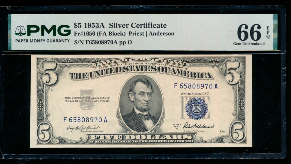 1953A $5 Silver Certificate PMG 66EPQ