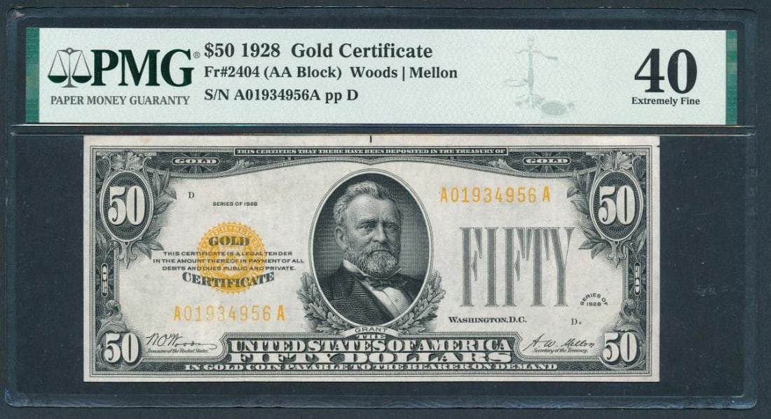 1928 $50 Gold Certificate PMG 40
