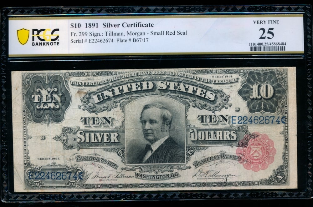 1891 $10 Tombstone Silver Certificate PCGS 25