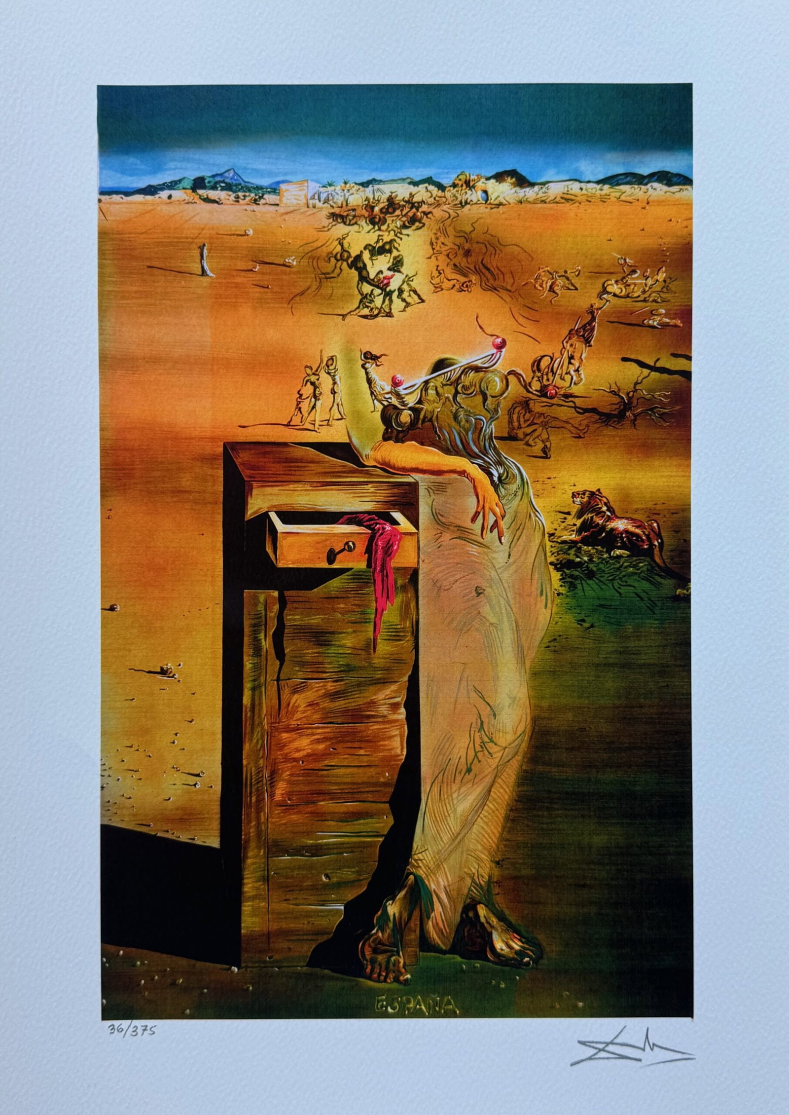 Salvador Dali ESPANA Facsimile Signed & Numbered Giclee: This is a limited edition giclee titled Espana by Salvador Dali. This piece is facsimile signed on the lower right. Pencil numbered from an edition of 375. Paper measures 16 inches x 12 inches. Image 