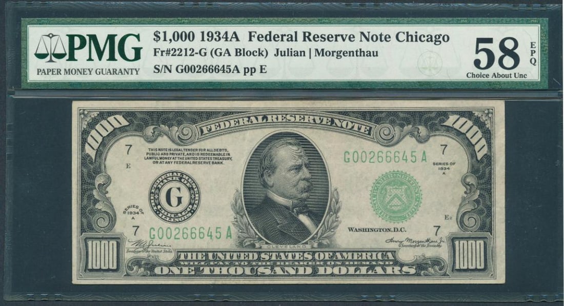 1934A $1000 Chicago FRN PMG 58EPQ