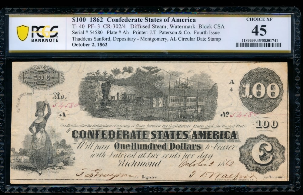 1862 $100 T-40 Confederate PCGS 45