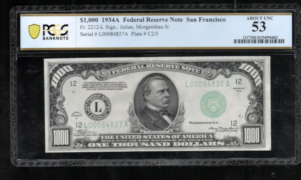 1934A $1000 San Francisco FRN PCGS 53