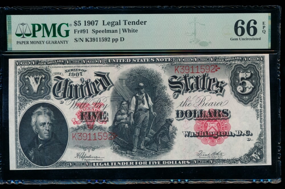 1907 $5 Legal Tender Note PMG 66EPQ