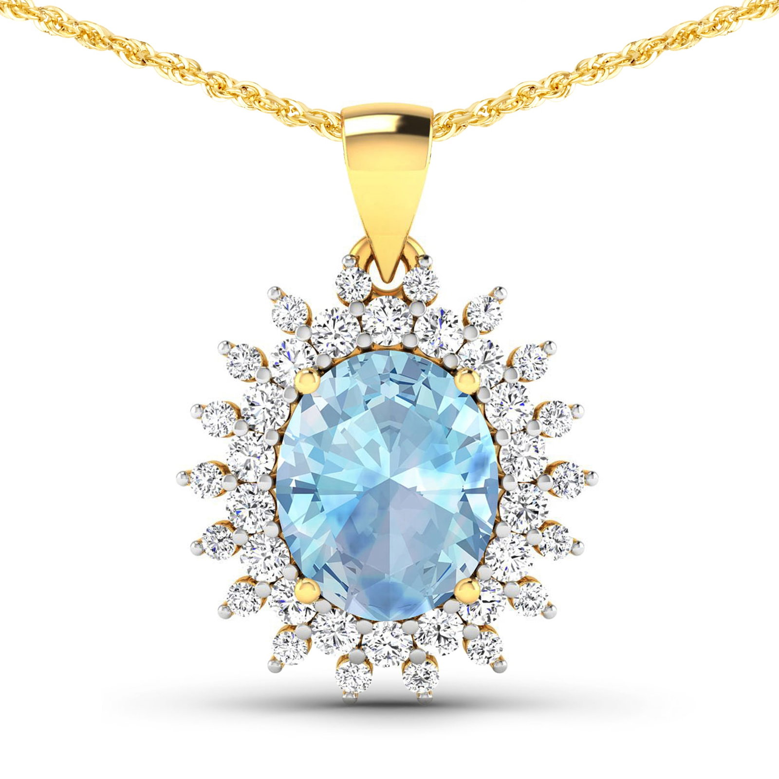 14KT Yellow Gold 2.7ctw Aquamarine and Diamond Pendant: Aquamarine Oval 11x9mm - 1Pc + White Diamond F/C Round 2.00mm - 18Pcs + White Diamond F/C Round 1.50mm - 18Pcs ( Diamond Quality : SI-2/HI ) Total weight of gemstone is 2.7cts. Total Diamond weight is