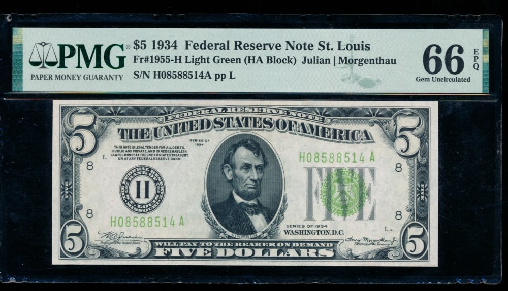 1934 $5 St Louis FRN PMG 66EPQ