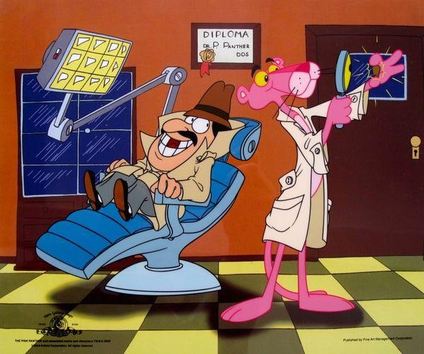 PINK PANTHER INSPECTOR CLOSEAU DENTIST Animation Art Sericel: This is an exquisite Limited Edition Sericel titled DENTIST featuring the Pink Panther and Inspector Clouseau. This serigraph cel was created from an actual image used in the original animated series 
