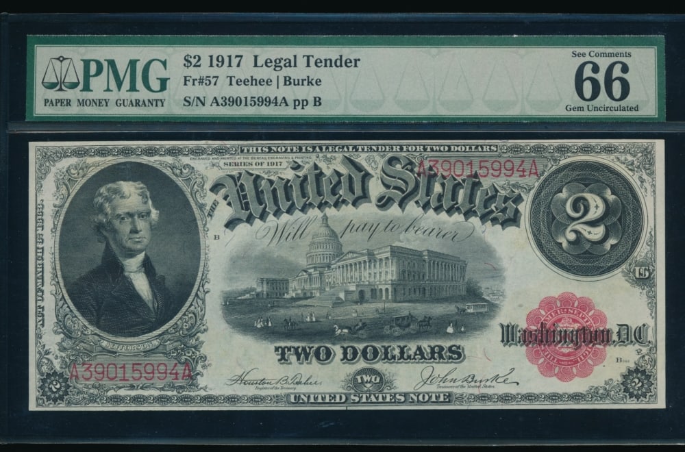 1917 $2 Legal Tender Note PMG 66: One 1917 $2 Legal Tender Note PMG 66.