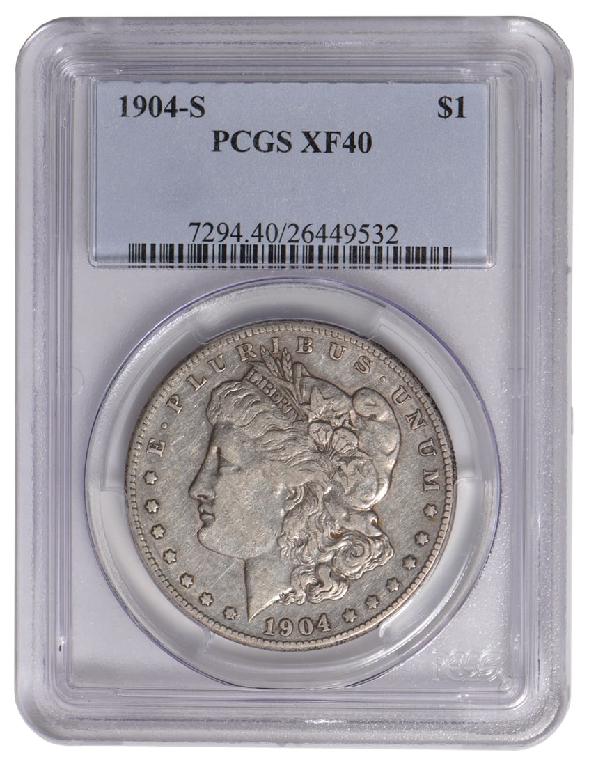 1904-S $1 Morgan Silver Dollar PCGS XF40: One 1904 S $1 Morgan Silver Dollar PCGS XF40.